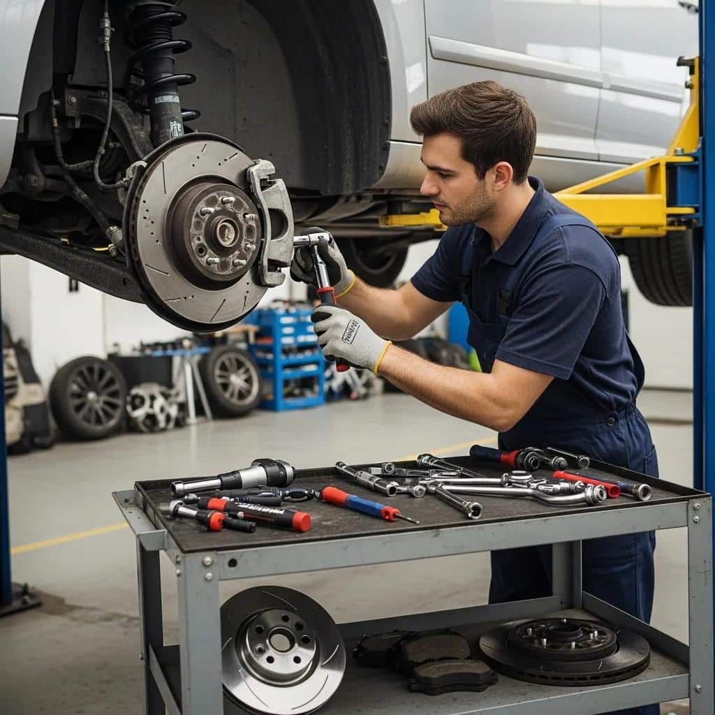 Technician inspecting brake components and suspension parts in an auto repair shop
