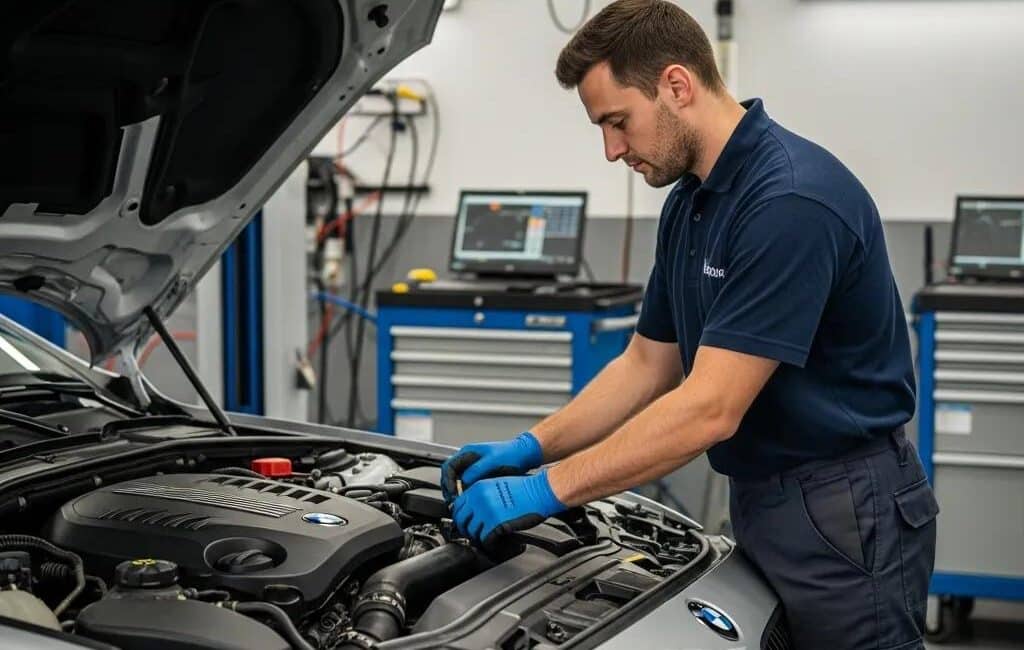 Technician performing engine diagnostics on a European car in a professional auto repair shop
