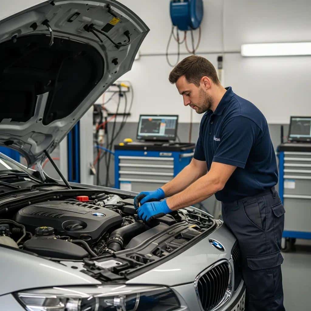 Technician performing engine diagnostics on a European car in a professional auto repair shop