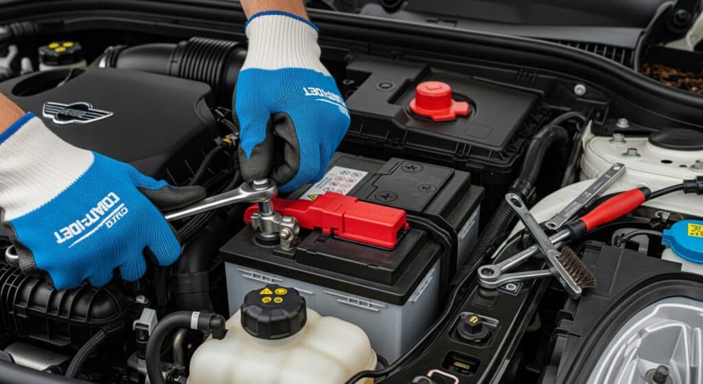 Mechanic using a wrench to service a car battery in a Volvo, showcasing battery maintenance and diagnostics at MB Automotive.