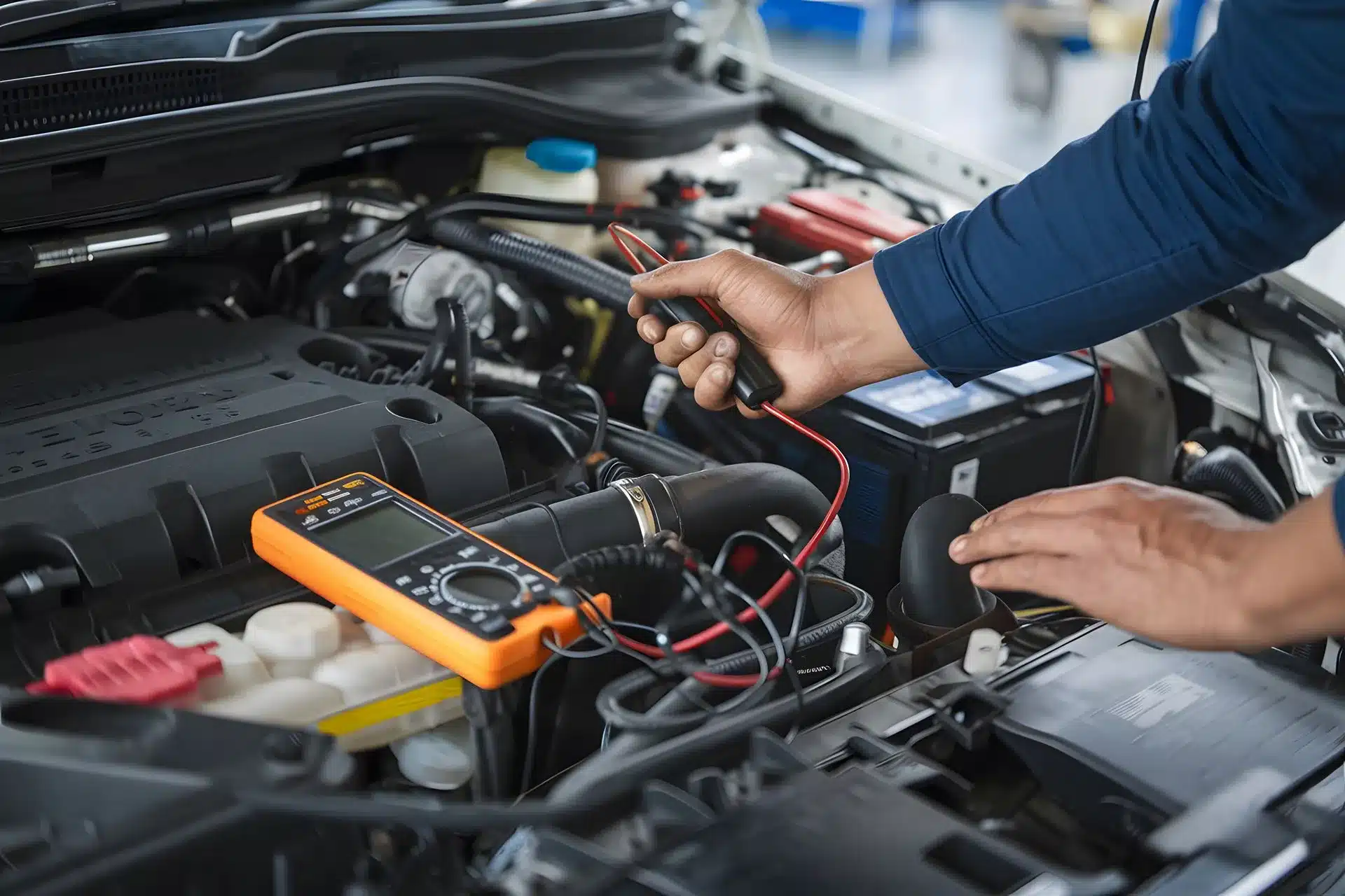 Mechanic using a multimeter to diagnose electrical issues in a Volvo engine, showcasing battery and wiring components.
