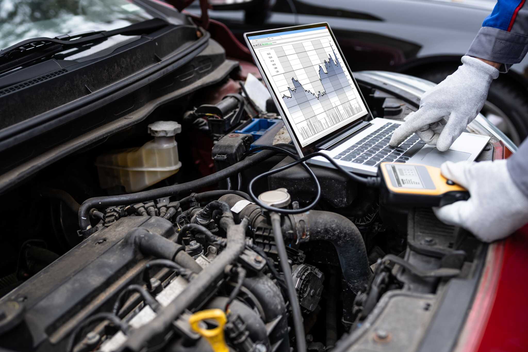 Technician using laptop and OBD-II scanner for engine diagnostics on a vehicle, analyzing performance data and diagnostic trouble codes.